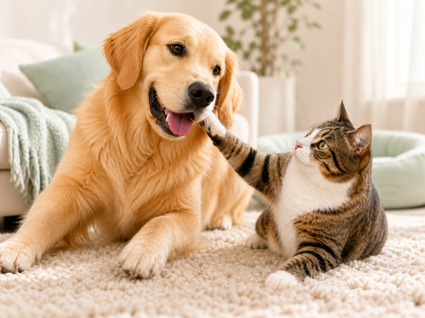 Golden retriever and tabby cat relaxing together at home