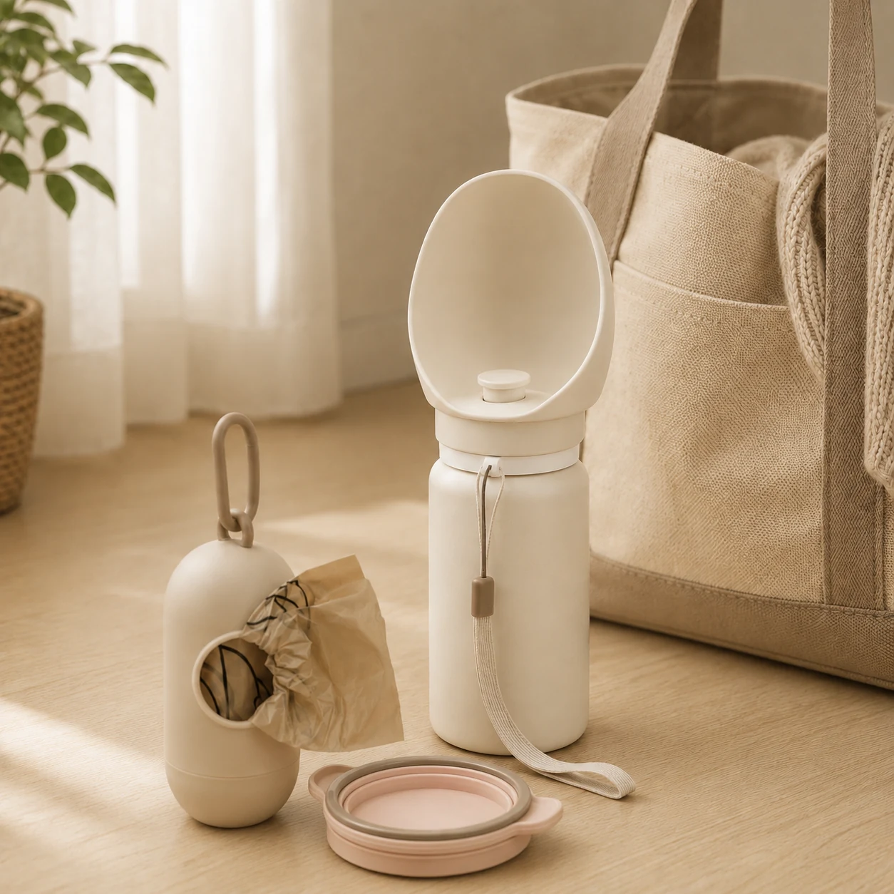 Portable pet water bottle, travel bowl and waste bag dispenser